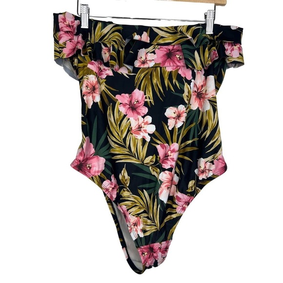 KONA SOL GREEN & PINK FLORAL ONE PIECE Strapless BATHING SUIT SIZE 16W - Picture 2 of 5